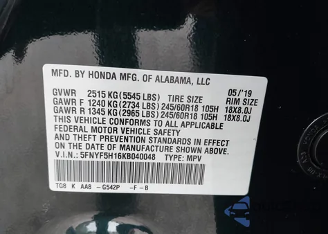 2019 Honda Pilot Lx из США, поврежденный, VIN 5FNYF5H16KB040048